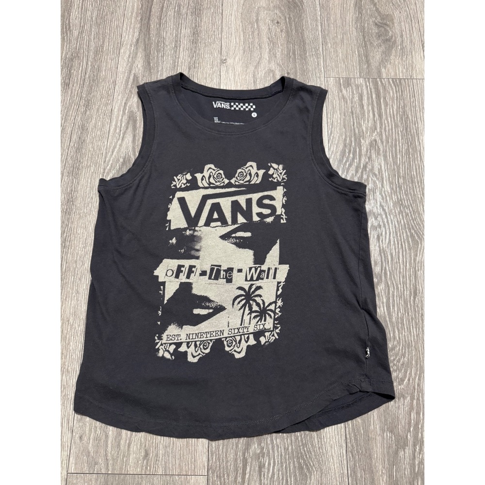 Vans Womens Tank Top S Black White Graphic Muscle Cotton Skater Rose Palm Punk